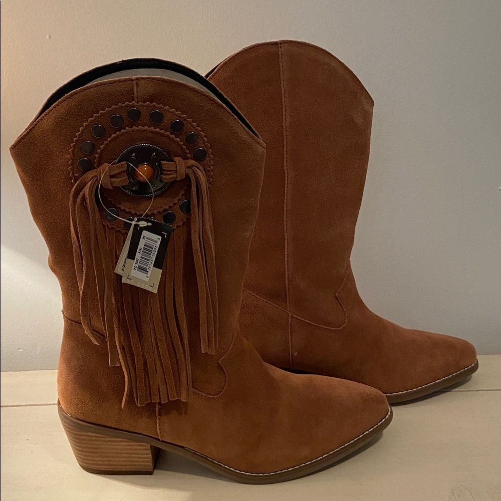 Dingo Western Cabincore Suede Fringe Mid Calf Cowboy Boot Tan - Picture 2 of 11